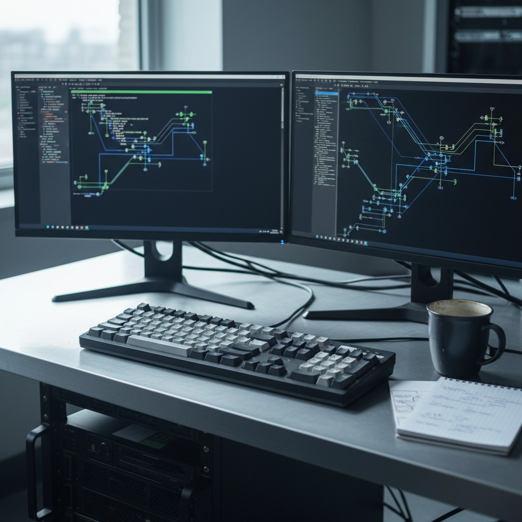 Two-monitor workstation with terminal windows, network diagram, and a mechanical keyboard